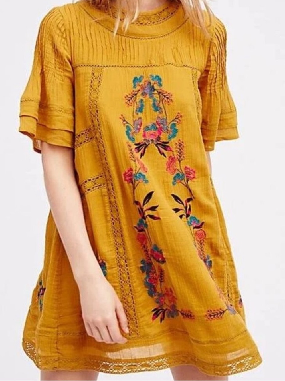Free People Mustard Yellow Embroidered Mini Dress